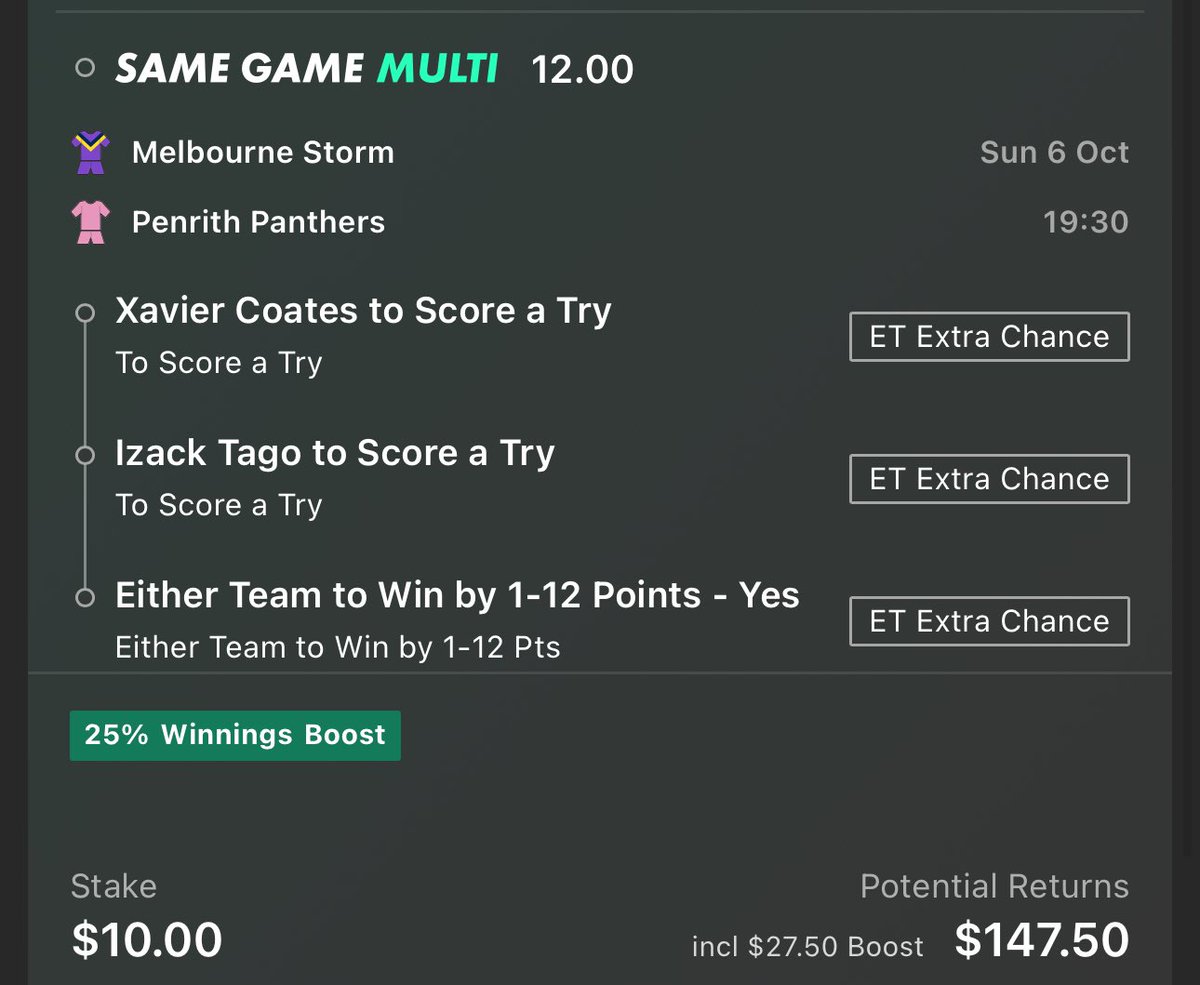 WealthWager's tweet photo. NRL Finals Giveaway 🏉

Cooked up by @8Amit108 and myself 🔥

If this bet wins I’ll giveaway $47.50 to someone that’s likes and reposts this ❤️♻️

It’s free to do so, so why not get involved 💪🏼

#NRLGF #Storm #Panthers https://t.co/3X0xqelkic