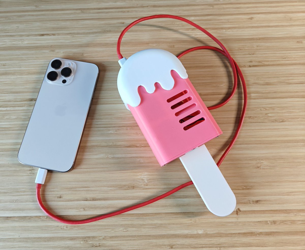 Our fans also work as a portable phone charger ⚡ It has a 5000mah battery, enough to fully charge an iPhone 16 Pro Max 🍓🍦

#furry #FursuitFriday #fursuit