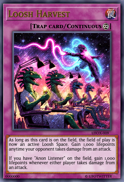 It is time for a harvest!  @DisclosureKaiba, I activate the trap card Loosh Harvest!  While this card is in play I absorb the loosh from a twitter space and turn it into lifepoints!

#UFOTWITTER, I see you in the Anon listeners!