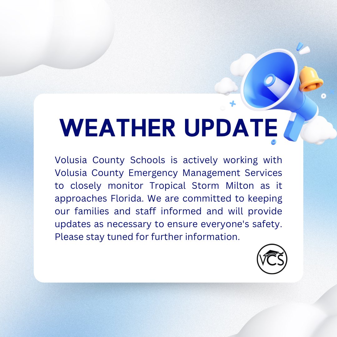 🚨 WEATHER UPDATE 🚨  
VCS is closely collaborating with <a href="/VCEmergencyInfo/">Volusia County Emergency Management</a> to monitor Tropical Storm Milton as it nears Florida. Our priority is keeping our families and staff safe. 

For the latest updates and important information, make sure to follow us on social media. Stay