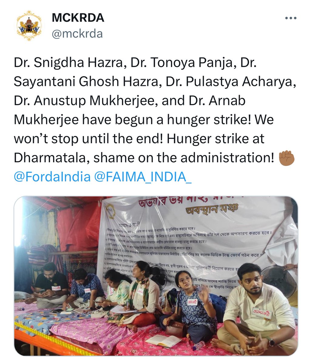 Dr. Datta M.D. (AIIMS Delhi) (@drdatta_aiims) on Twitter photo We stand in solidarity with doctors in West Bengal on an Indefinite Hunger Strike, demanding justice for Abhaya and safety for healthcare professionals!
This fight is for every doctor across India facing violence and intimidation!
<a href="/FAIMA_INDIA_/">FAIMA Doctors Association</a> urges all RDAs to join!
<a href="/mckrda/">MCKRDA</a> We stand in solidarity with doctors in West Bengal on an Indefinite Hunger Strike, demanding justice for Abhaya and safety for healthcare professionals!
This fight is for every doctor across India facing violence and intimidation!
<a href="/FAIMA_INDIA_/">FAIMA Doctors Association</a> urges all RDAs to join!
<a href="/mckrda/">MCKRDA</a>