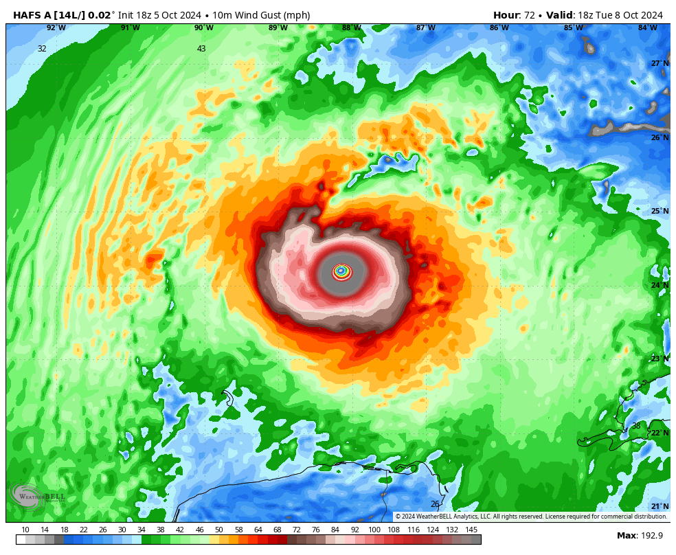 As crazy as it sounds this thing may go from a tropical storm to a Cat 4 hurricane in 2 days time. Milton is SO small and already tightly wound that I think the hurricane models showing extreme intensification (barring eye wall replacement cycles) is not unreasonable on MON-TUES.