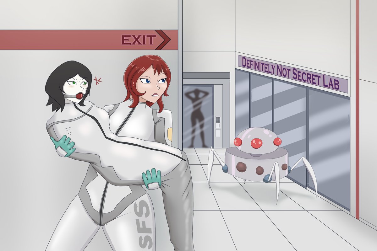 @kinktobernmore #kinktober2024 Day 5 - Damsel/Sneak, and what a damsel Laressa has stumbled upon! Whatever reason Phantom (of <a href="/Phantomdotexe/">https://bsky.app/profile/phantomdotexe.bsky.social</a> ) seems to be within this strange science facility, Laressa won't pass up such an easy offering! Now, she just has to escape. ;)