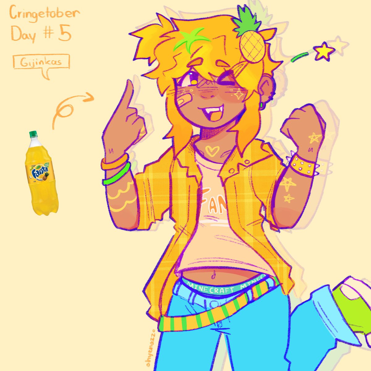 HyenazzArt's tweet photo. Almost forgot to post but day 5 of #cringetober2024 done!! With my favorite drink too :3c // #digitalart #gijinkas #fanta #pineapplefanta // ,,wonderous 🍍🌟 https://t.co/kx1hgcVFiK