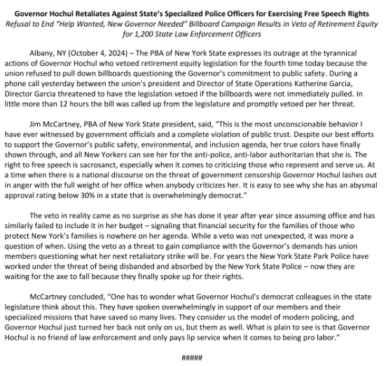 <a href="/GovKathyHochul/">Governor Kathy Hochul</a>'s Dir of State Ops <a href="/KGforNYC/">Kathryn Garcia</a> demands billboards come down or get a veto. The bipartisan equity bill that was vetoed the next day was intended to address staffing shortages, improving diversity, &amp; public safety issues in her state agency police forces.