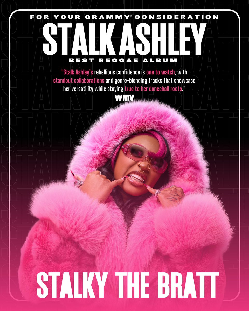 Stalk_Ashley's tweet image. 🥹🥹🥹🥹 “Stalky the Bratt” is being considered for a GRAMMY Nomination under the “Best reggae album” category. Yall wtf !!!! If you’re in the academy, please vote for ya girl.