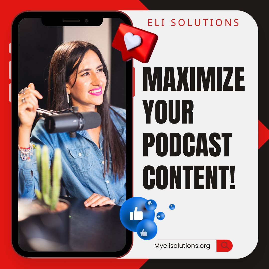 ♻️ Repurpose your podcast episodes into blog posts, social media content, and more! ELI Solutions helps you expand your reach by turning each episode into multiple content formats. Let’s get the most out of your content! 💡

#ContentRepurposing #PodcastMarketing #ExpandYourReach