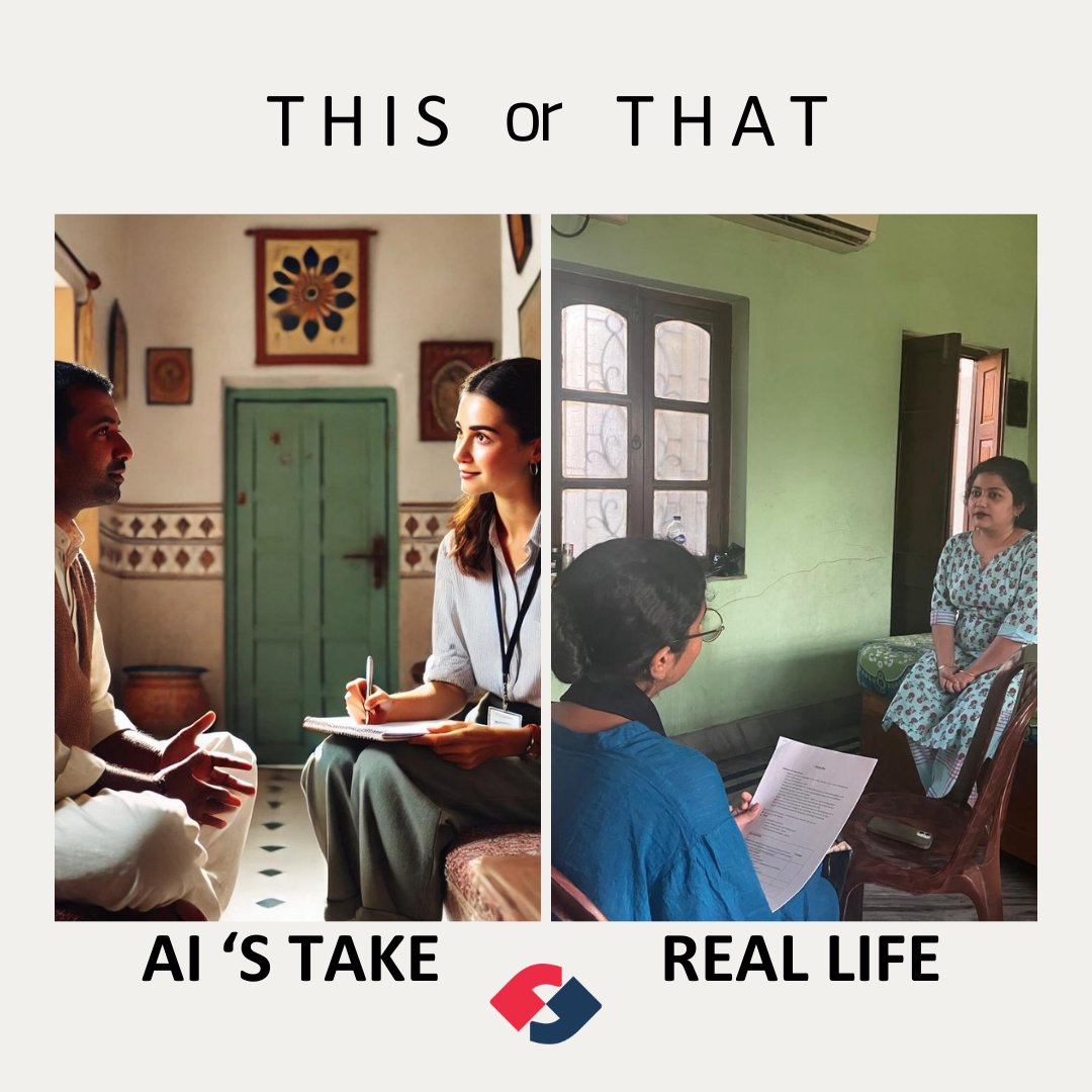 Some Fun with AI! We asked AI to depict qualitative research in India, and here's what we got: 1. A vibrant cultural setting, 2. Simple yet cozy arrangements, 3. A mix of traditional and modern attire. But nothing beats the #real-life immersion of ethnography! #contrast
