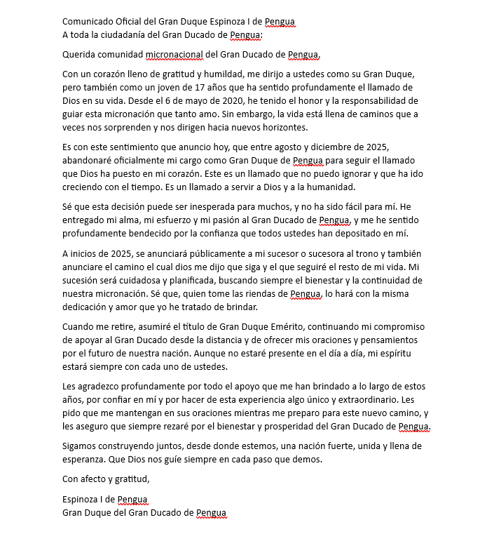 granducdepengua's tweet photo. Comunicado importante
#pengua #micronaciones #OTMU #micronations https://t.co/m3C2kbjK9B