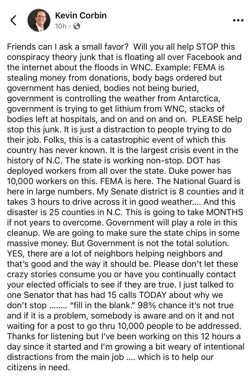 raven_c_couch's tweet image. This is a Republican state senator from NC, recently devastated by flooding in its western portion. Conspiracy enthusiasts like @glennbeck, @realDonaldTrump, @DonaldJTrumpJr, @elonmusk, @IngrahamAngle, @LauraLoomer, @RealAlexJones, @RepMTG aren't patriots. They are terrorists.
