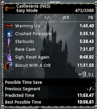 Goal Achieved.  Within a year of starting to learn the speedrun for Castlevania 1, I now own a World Record in a category.  Easy Mode, available on the Famicom Cartridge 1993 re-release, is now down to 11:31.03.  Currently cutting the video now.  Wow!