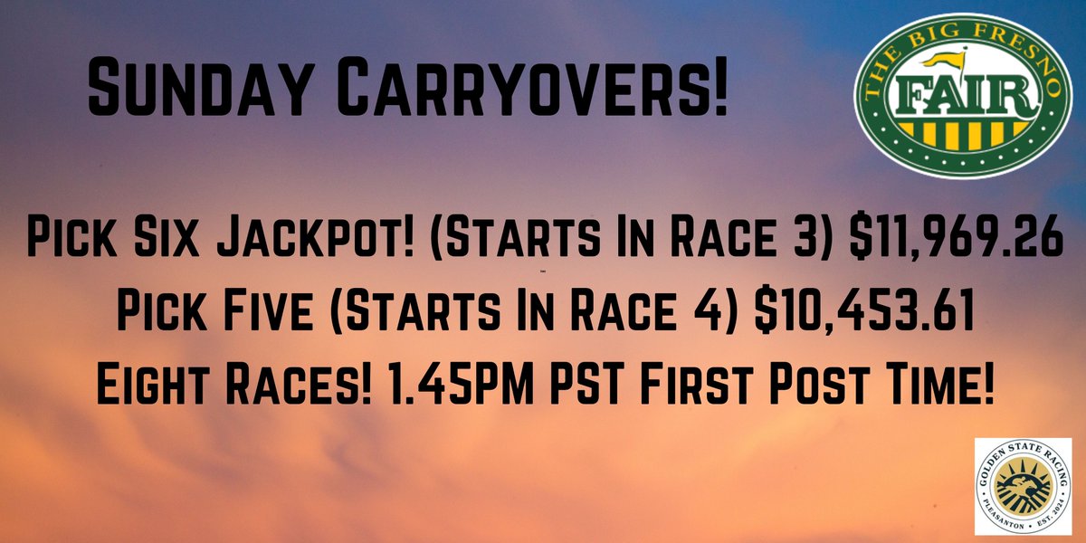 CARacingFairs's tweet photo. Carryover totals for Sunday Racing
@BigFresnoFair See you on track at 145PM PST for eight great races! https://t.co/GBbXllnlhI