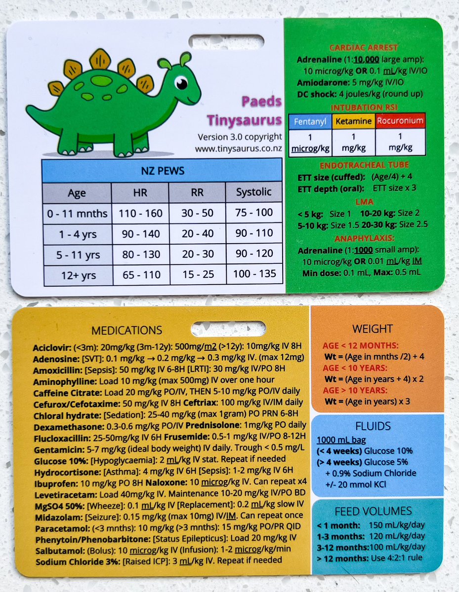 Proud to release Tinysaurus paediatric lanyard cards version 3. 

These are now used everywhere across New Zealand

☑️ New stegosaurus with floppy ears
☑️ Vital signs based on NZPEWS
☑️ New drugs
☑️ Updated doses per NZ formulary

Tinysaurus.co.nz

<a href="/TinysaurusCards/">Tinysaurus</a>