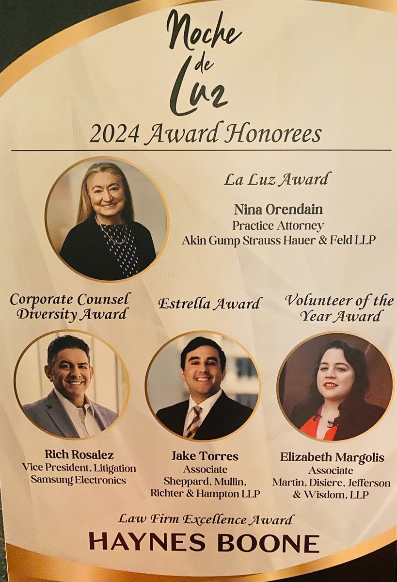 RafaelAnchia's tweet photo. Felicidades to my colleagues โฆ@haynesbooneโฉ & all @DallasHBA 2024 Noche de Luz Award Winners #DHBA #HispanicBar #Dallas https://t.co/vlChuJ4KYy
