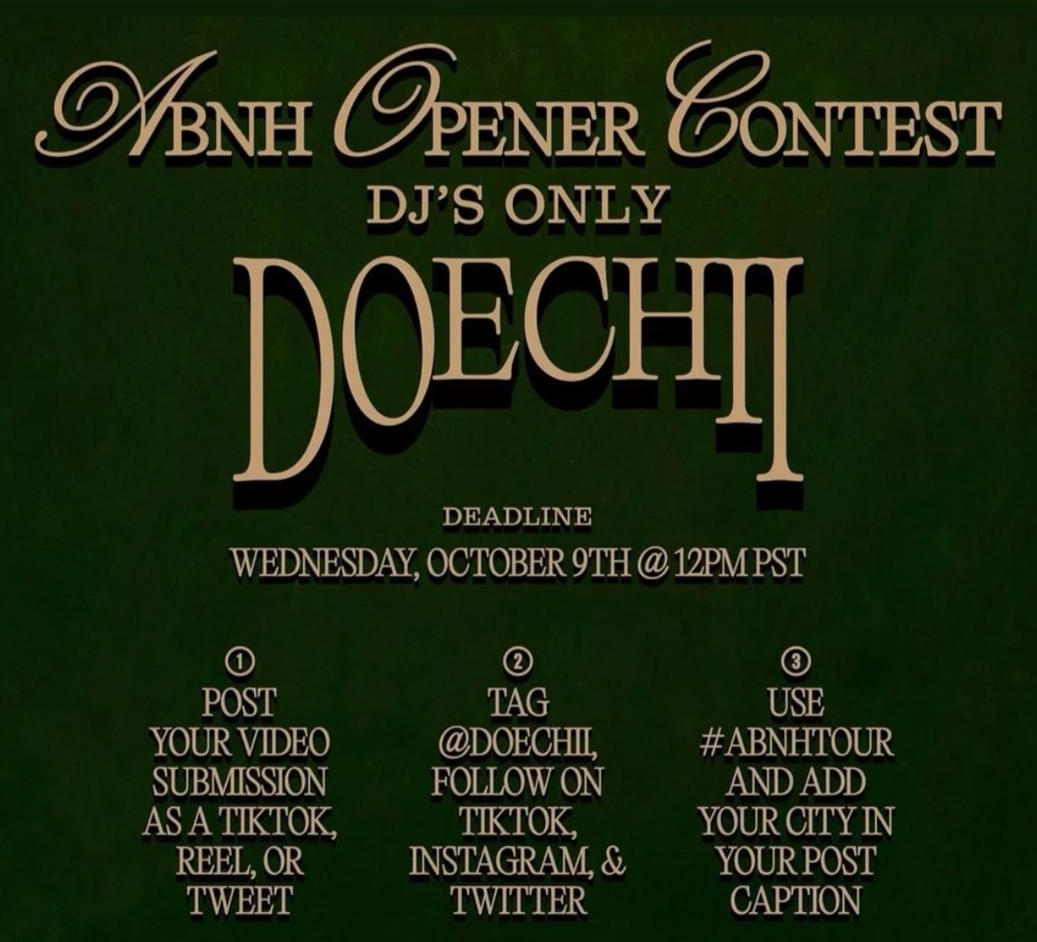 DJMissMilan's tweet photo. Calling all DJs for a chance to WIN the opportunity to open up for Doechii &amp; the Alligator Bites Never Heal Tour! Represent your hometown! 🐊

SUBMISSION RULES:
1. Post video showcasing your DJ Skills
2. Tag &amp; follow @doechii 
3. Use #ABNHTour in the caption https://t.co/7YCoDrUs3a