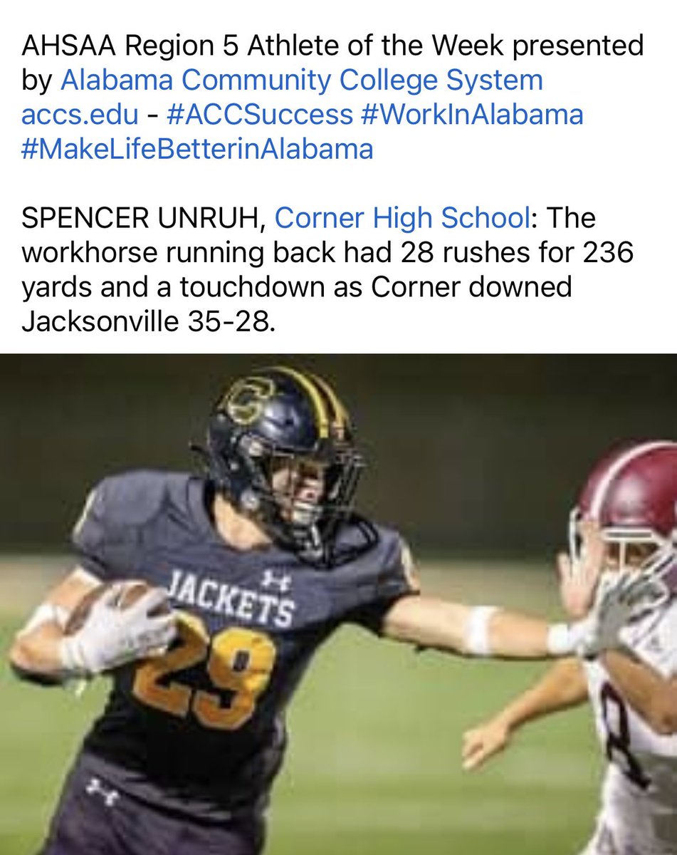 Spencer Unruh RB #29 (@spencerunruhrb) on Twitter photo AHSAA Region 5 athlete of the week 💯
<a href="/DerrickDnix/">Coach Derrick Nix</a> <a href="/Coach_B_DEAD/">Brandon Deaderick</a> <a href="/therealkwat/">Kenyatta Watson</a> <a href="/ColePinkston/">Cole Pinkston</a> <a href="/CoachHollifield/">Adam Hollifield</a> <a href="/CoachDornHC/">Karl Dorn</a> <a href="/CollegeScoutFL/">Coach TJ Risner</a> <a href="/CJacksonPRZ/">Connor Jackson</a> <a href="/CoachZCrisler/">Zach Crisler</a> <a href="/corner_jackets/">CornerJacketsFootball</a> <a href="/TopPreps/">SPORTS NEWS, VIDEOS, GRAPHICS, EXPOSURE & MORE</a> <a href="/Alabama_Varsity/">Alabama Varsity</a> @AuburnLiveOn3 <a href="/rusty_rouse/">Rusty Rouse</a> <a href="/coach_ruizz/">Mason Ruiz</a> AHSAA Region 5 athlete of the week 💯
<a href="/DerrickDnix/">Coach Derrick Nix</a> <a href="/Coach_B_DEAD/">Brandon Deaderick</a> <a href="/therealkwat/">Kenyatta Watson</a> <a href="/ColePinkston/">Cole Pinkston</a> <a href="/CoachHollifield/">Adam Hollifield</a> <a href="/CoachDornHC/">Karl Dorn</a> <a href="/CollegeScoutFL/">Coach TJ Risner</a> <a href="/CJacksonPRZ/">Connor Jackson</a> <a href="/CoachZCrisler/">Zach Crisler</a> <a href="/corner_jackets/">CornerJacketsFootball</a> <a href="/TopPreps/">SPORTS NEWS, VIDEOS, GRAPHICS, EXPOSURE & MORE</a> <a href="/Alabama_Varsity/">Alabama Varsity</a> @AuburnLiveOn3 <a href="/rusty_rouse/">Rusty Rouse</a> <a href="/coach_ruizz/">Mason Ruiz</a>