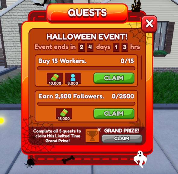 Oppressed_II's tweet photo. Save Grandma From The IRS Update

🎃October Game Update - Halloween!🎃

Update Notes:
- Quest system, when you complete all 5 quests, you unlock and can redeem the grand prize which will be a limited UGC item, and we will have 4 of them cycle out throughout the month and when they cycle the quests will reset. To get your quests speak to grandpa out front of your house after you claim a plot!
- Halloween themed map!
- Spooky ghosts (part of quests but you will see them around the map being themselves haha.
- New sites for the icons in PC for fun to click and look at.
- Added house color saving for the House Painter gamepass.
- Lowered lots of gamepass prices.
- Fixed the bug where if you sat in PC items bought from Grandpas shop would not show up on your inventory bar unless you reset.

First free Limited UGC: https://t.co/Lt6fGXSQc8