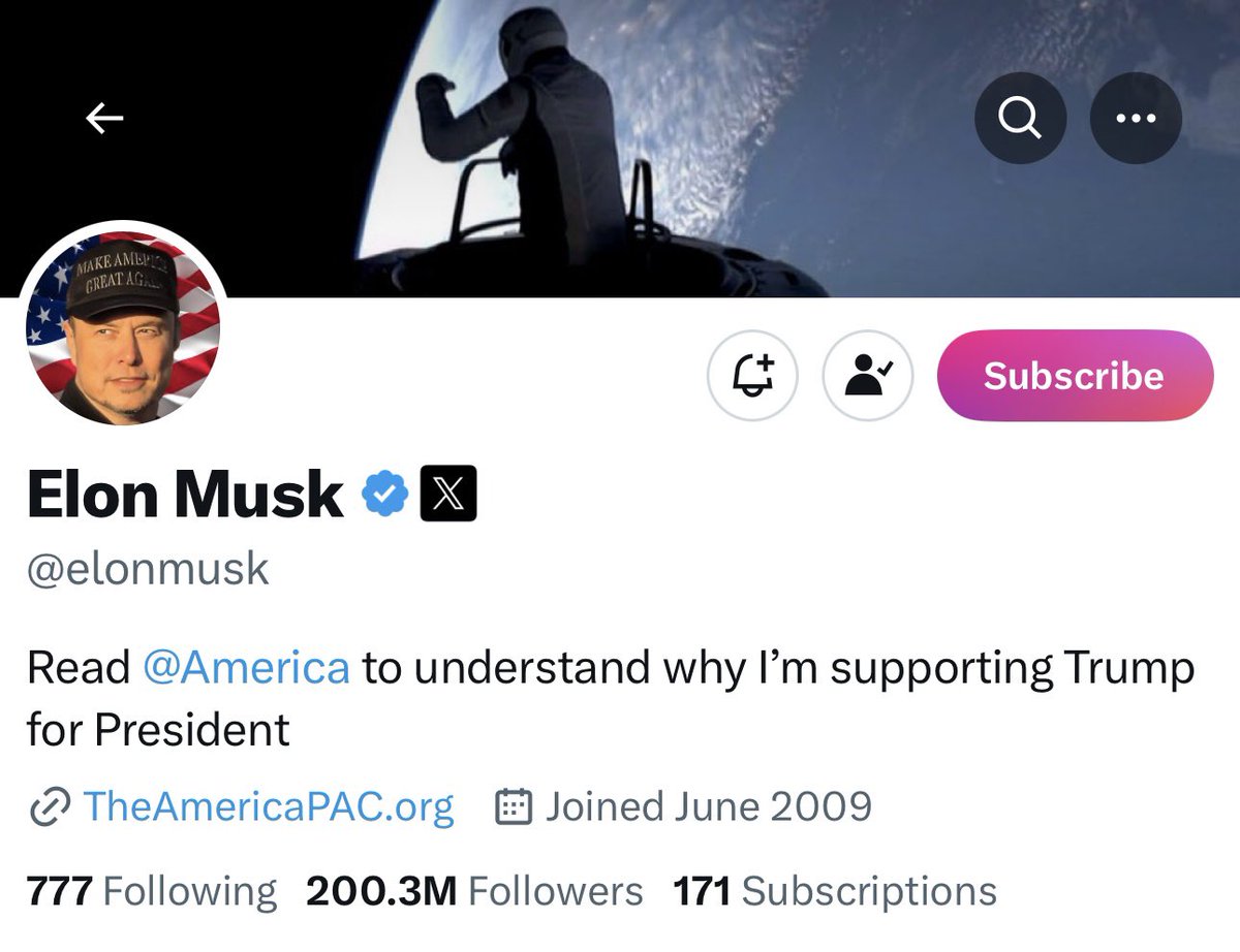 Elon Musk has 200 million followers

Elon is now wearing a MAGA hat in his profile picture