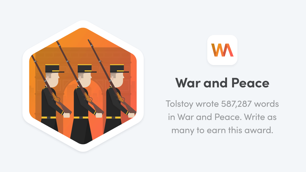 writinglytics's tweet image. Tolstoy took six years to write War and Peace. Write as many words as he did to earn the War and Peace award in Writing Analytics 📕

#writingcommunity #amwriting