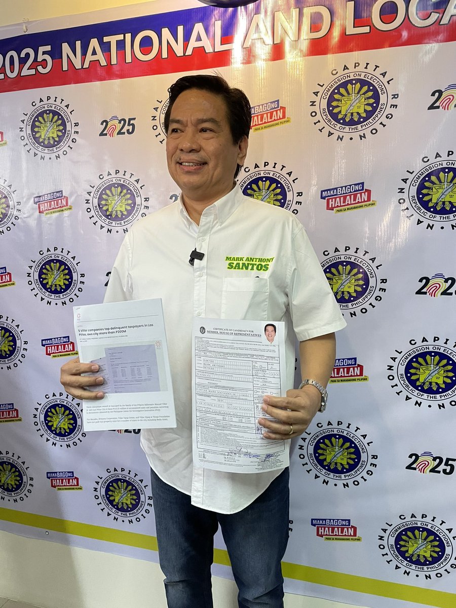 ABS-CBN News (@abscbnnews) on Twitter photo LOOK: Las Piñas City Councilor Mark Anthony Santos files his COC for representative of the city’s lone district. He likens his bid for Congress to the battle between David and Goliath, as he is expected to run against Senator Cynthia Villar. #Halalan2025 | via <a href="/raphbosano/">Raphael Bosano</a> LOOK: Las Piñas City Councilor Mark Anthony Santos files his COC for representative of the city’s lone district. He likens his bid for Congress to the battle between David and Goliath, as he is expected to run against Senator Cynthia Villar. #Halalan2025 | via <a href="/raphbosano/">Raphael Bosano</a>