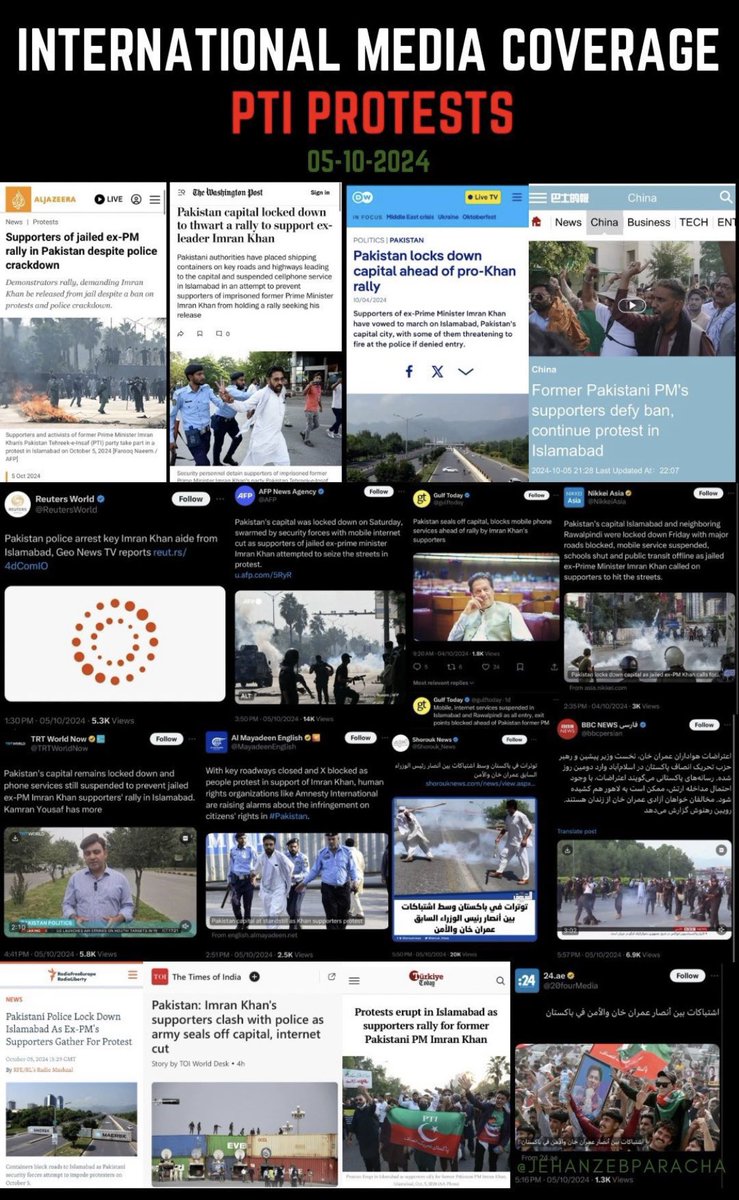 پاکستان تحریک انصاف کے پرامن احتجاج کی بھرپور بین الاقوامی میڈیا کوریج جاری