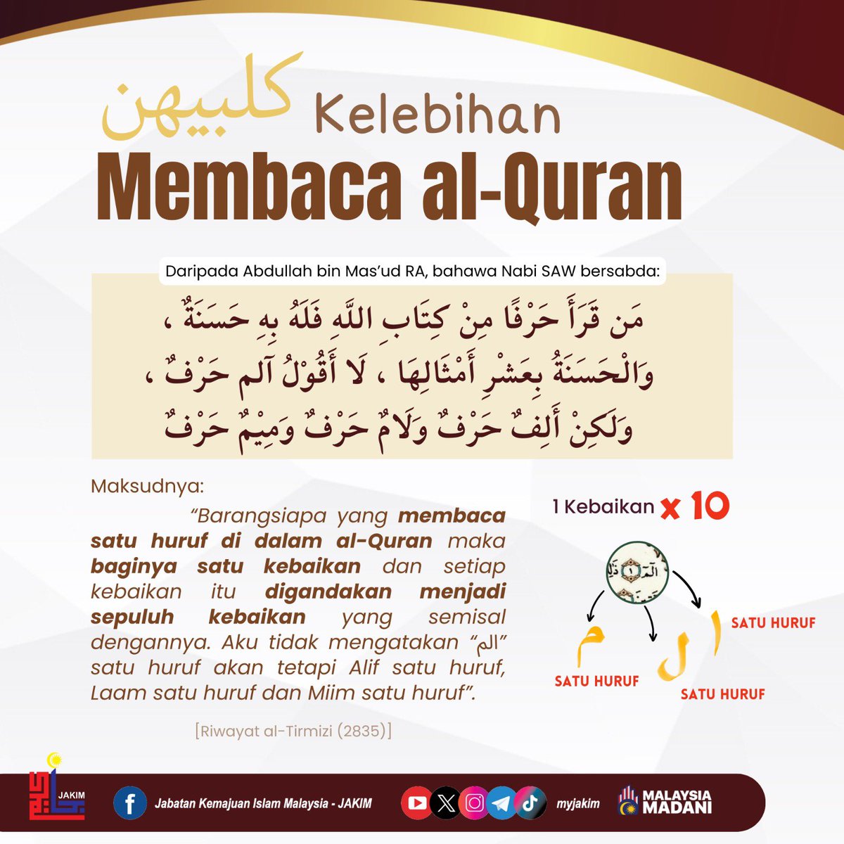 MyJAKIM's tweet photo. Kelebihan Membaca Al-Quran: Setiap Huruf Bernilai

Bayangkan, hanya dengan membaca  “الم” sahaja, kita sudah mendapat tiga kebaikan, apatah lagi jika kita memperbanyakkan bacaan Al-Quran setiap hari! SubhanAllah! 

Jangan lupa sebarkan kebaikan ini! https://t.co/pqLVgabk0L