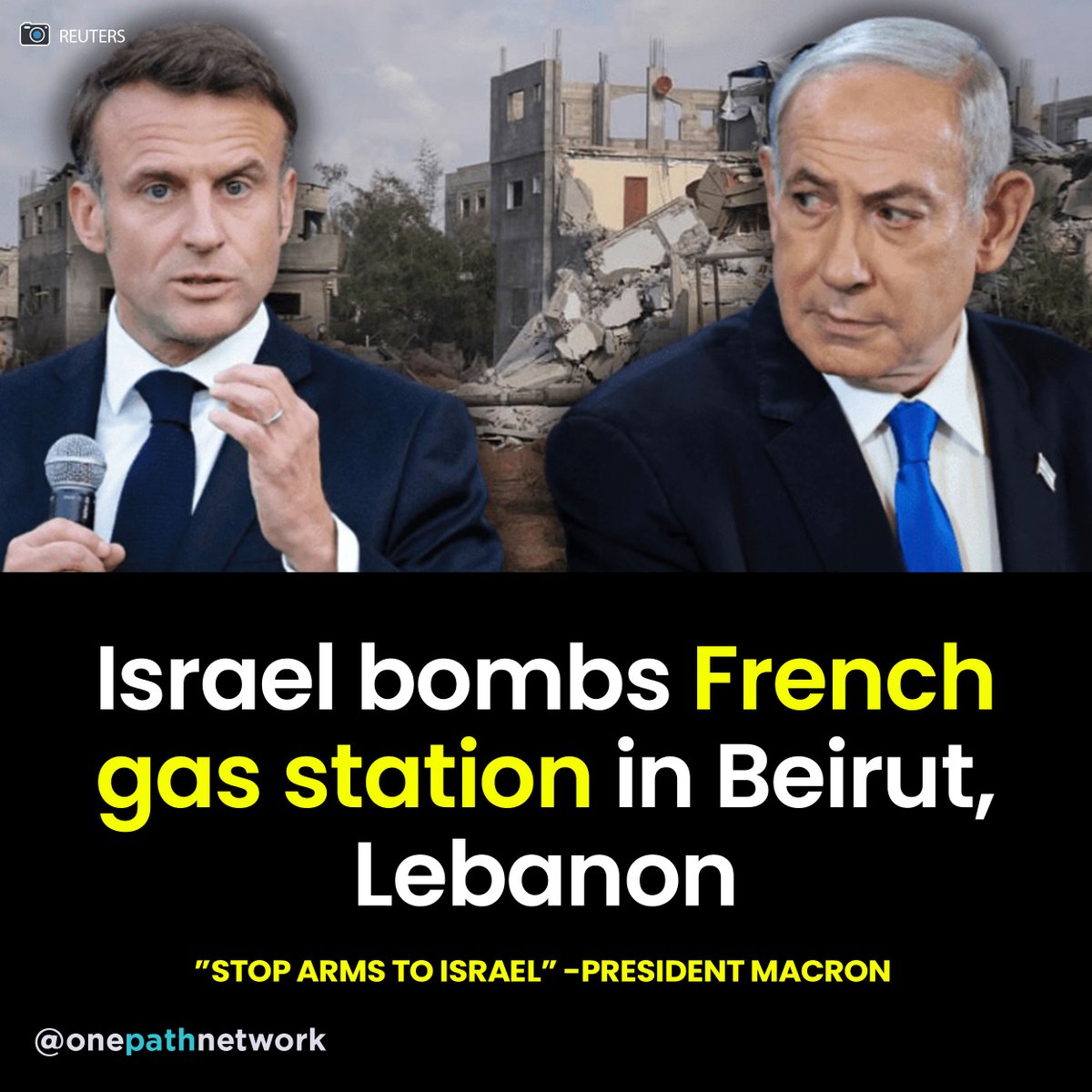 OnePathNetwork's tweet photo. 🇫🇷🇮🇱French President Macron called to “stop delivering arms for fighting in Gaza’ and warned against turning Lebanon into “a new Gaza.”

It’s not a sudden surge of sympathy for the Arabs; the EU knows an all-out regional war will only drive refugees to Europe further crippling their economy.

So, Netanyahu responds the only way he knows how; by bombing the French station “TotalEnergies” in Beirut Lebanon.

#IsraelTerroristState
