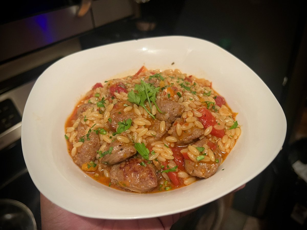 JtheShep's tweet photo. Made my own tomato sauce tonight from cherry tomatoes and this pasta dish came out -amazing- 

Had it with spicy sausage and orzo pasta https://t.co/Usf1C07cpU