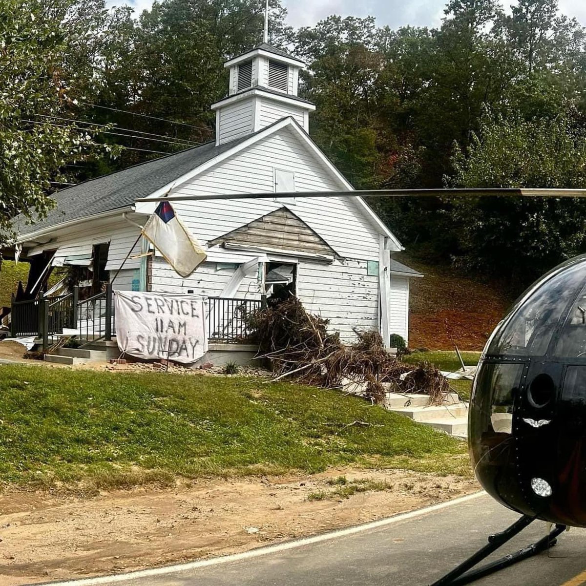 AdamPage85's tweet photo. A church in Western NC still holds church tomorrow even after being flooded and nearly destroyed (physically).

May this preach to us. ALWAYS MEET. Never cancel again. And warn brothers who see it fit to cancel worship services because Sunday lands on holidays. Learn and change. https://t.co/ivIEISG2VE