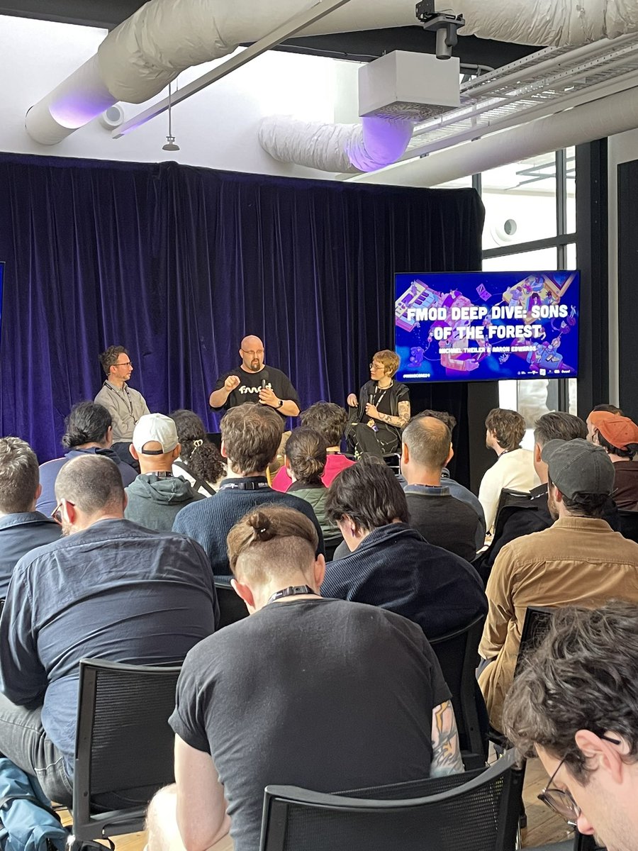 SymmetriaSound's tweet photo. “It’s important for people to learn how to build their own systems.” It’s @fmodstudio time in the loft, chatting all things tech, audio, non-linear and communication between the three! It’s build-a-bear but sound design 🧸 Thanks @AaronCEdwards &amp; @MT_Says 🤨 #highscore24 https://t.co/IDMROgz56G