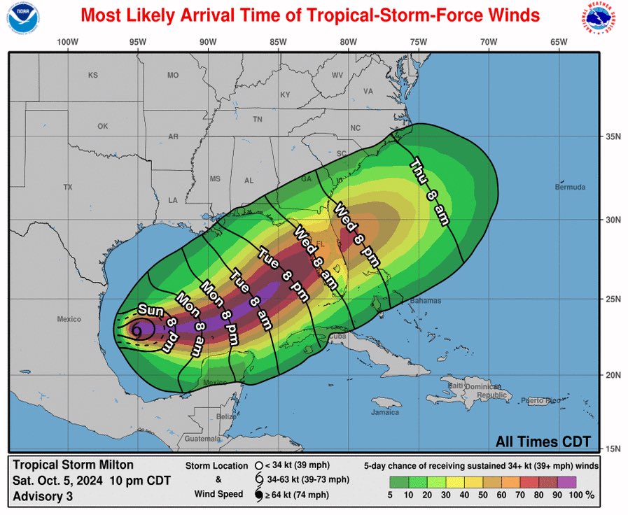 DrRickKnabb's tweet photo. #Milton won’t be only a Gulf coast event for Florida. Strong, damaging, even life-threatening winds could occur in some farthest inland locations and all the way to Atlantic coast. Coastal &amp; inland areas will risk rain-induced floods, and even Atlantic coast could get some surge. https://t.co/Q1XC0qaZkX