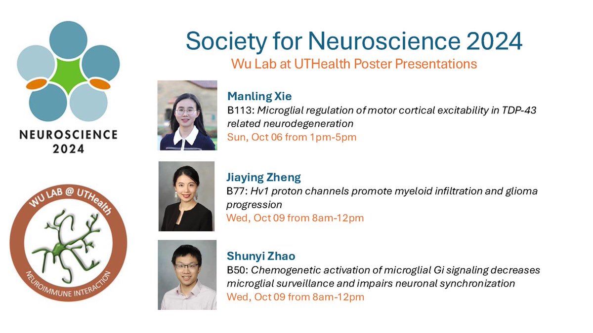 Wu Lab at UTHealth (@longjun_wu) on Twitter photo Wu lab are presenting <a href="/SfNtweets/">Society for Neuroscience (SfN)</a>! We have 3 posters on microglia. Please come to talk with <a href="/ManlingXie/">Manling Xie</a> <a href="/FionaJiaying/">Jiaying Zheng (Fiona) 郑嘉颖</a> <a href="/ShunyiZhao_/">Shunyi Zhao</a> and Jordy. Look forward to meeting you there! #sfn2024 Wu lab are presenting <a href="/SfNtweets/">Society for Neuroscience (SfN)</a>! We have 3 posters on microglia. Please come to talk with <a href="/ManlingXie/">Manling Xie</a> <a href="/FionaJiaying/">Jiaying Zheng (Fiona) 郑嘉颖</a> <a href="/ShunyiZhao_/">Shunyi Zhao</a> and Jordy. Look forward to meeting you there! #sfn2024