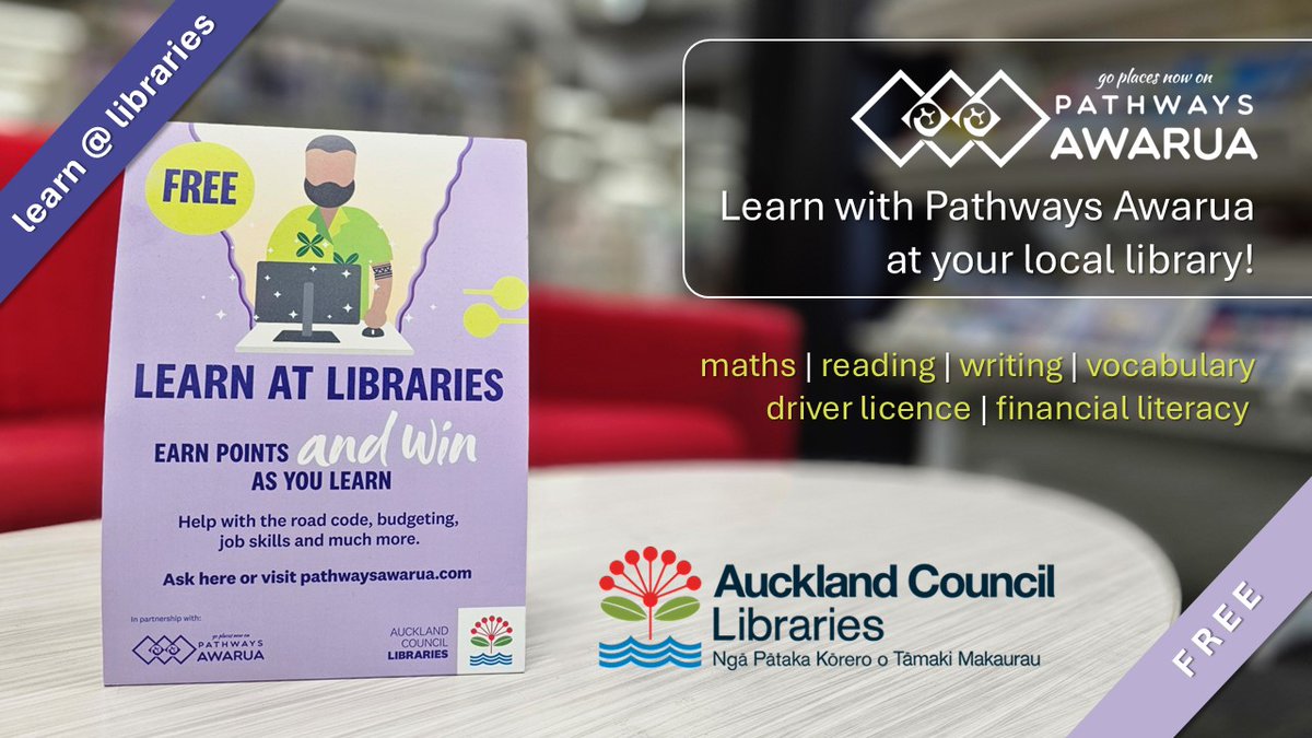 📚 Upskill at <a href="/Auckland_Libs/">Auckland Libraries</a>!

Access <a href="/PathwaysAwarua/">Pathways Awarua</a> for free, with friendly staff ready to help. Plus, explore the MY COMMUNITY pathway to learn about local services. And don't forget – you can win prizes like $100 vouchers or Samsung Galaxy tablets while you learn! 🎉