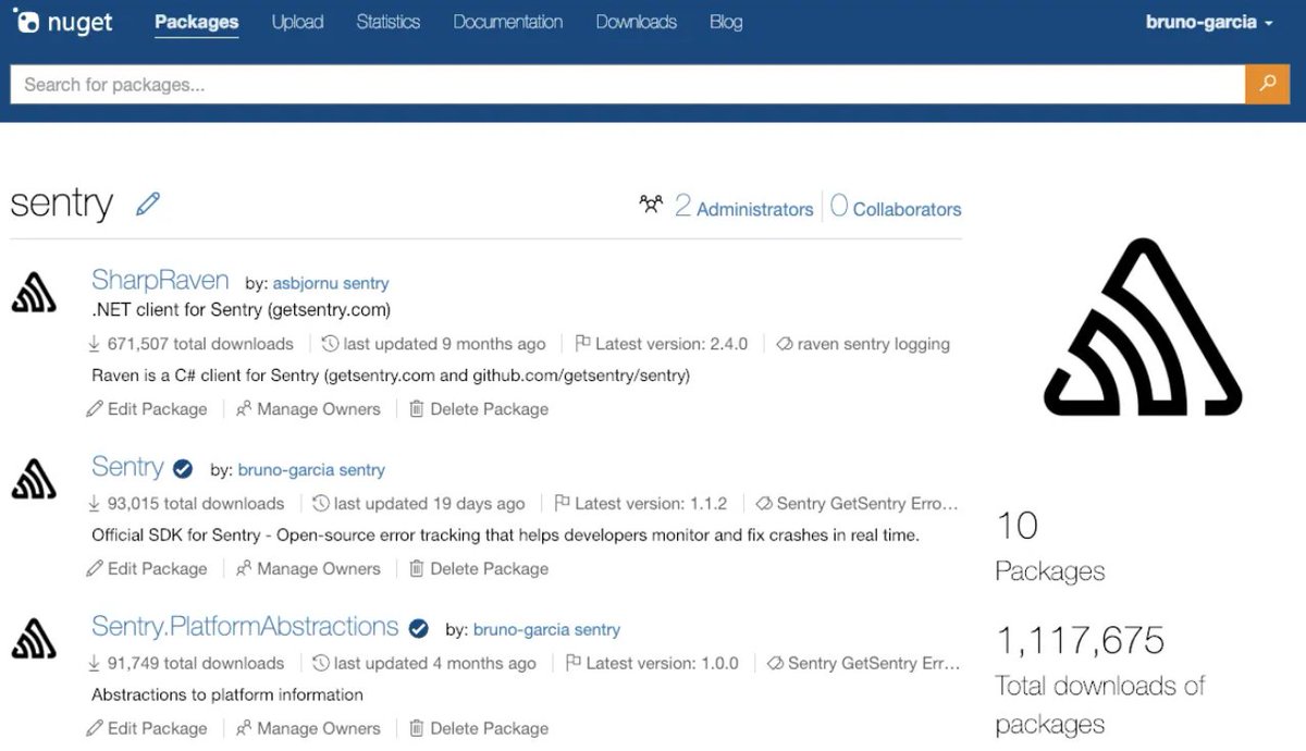 The <a href="/getsentry/">Sentry</a> org on <a href="/nuget/">NuGet</a> surpassed 200M downloads. 

I would never have imagined it 6 years ago when creating that account. 1M downloads at the time seems like a huge milestone already, so much that I found a screenshot of it. Mostly from the original raven SDK.