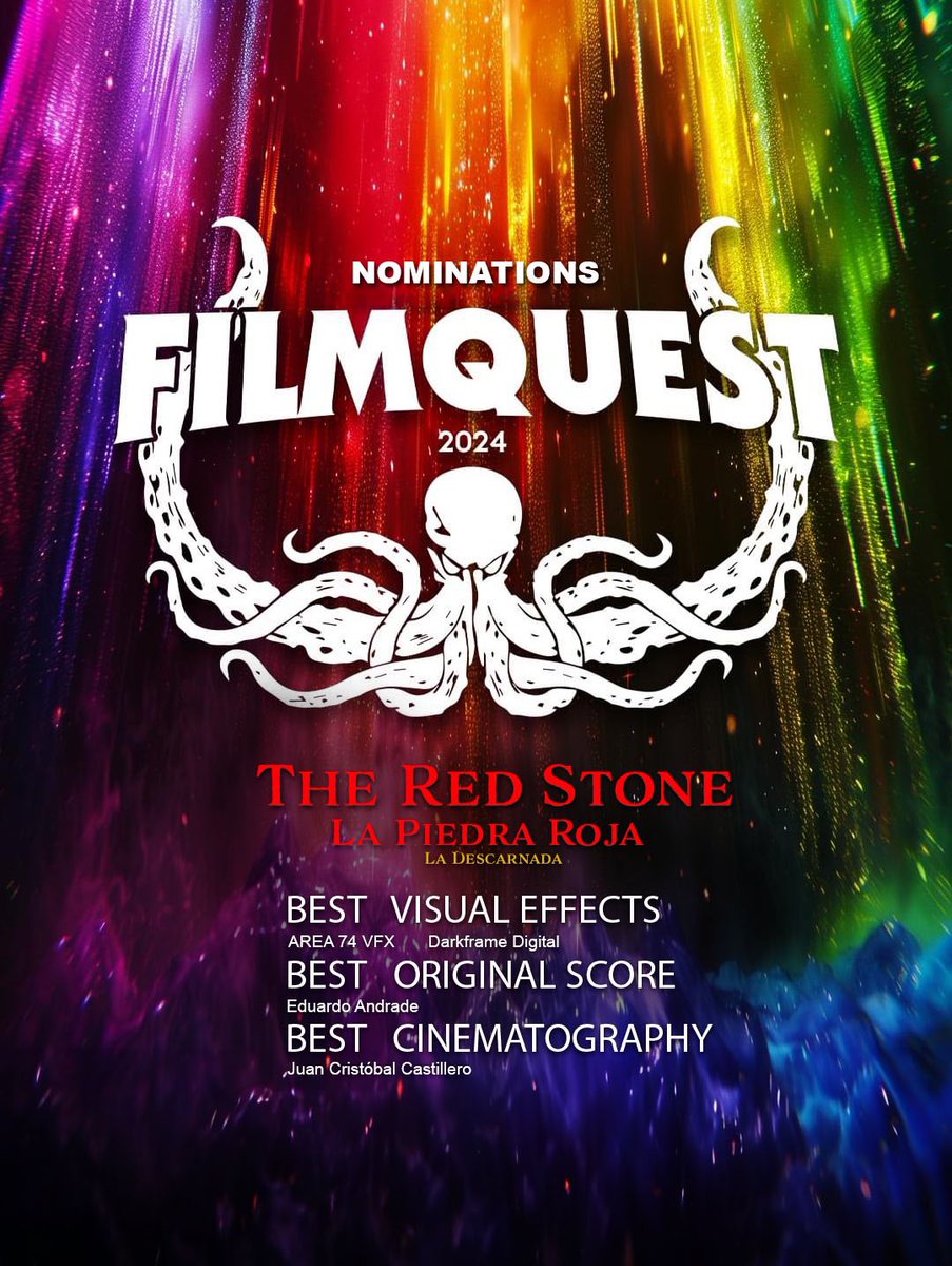 ¡Increíble semana para La Piedra Roja! 🎬🔴 Tres nominaciones en FilmQuest:
✨ Mejores Efectos Visuales: AREA74 VFX &amp; DARKFRAME digital
🎶 Mejor Música Original: @eduardoandrademusic
🎥 Mejor Cinematografía: @casthelman60

¡Felicidades equipo! 🙌 #FilmQuest #LaPiedraRoja
