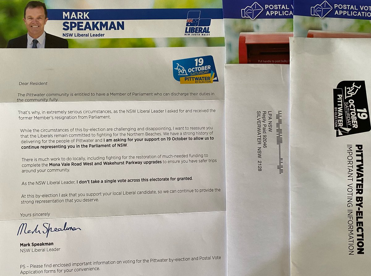 garigalAnj's tweet image. &quot;entitled to have a Member of Parliament who can discharge their duties in the community fully&quot;
huh?

Am not in the Pittwater electorate but the Liberal party seems to have plenty of money to splash around on postal votes. Goodbye Rory Amon.
#ausPol #PittwaterVotes #nswVotes
