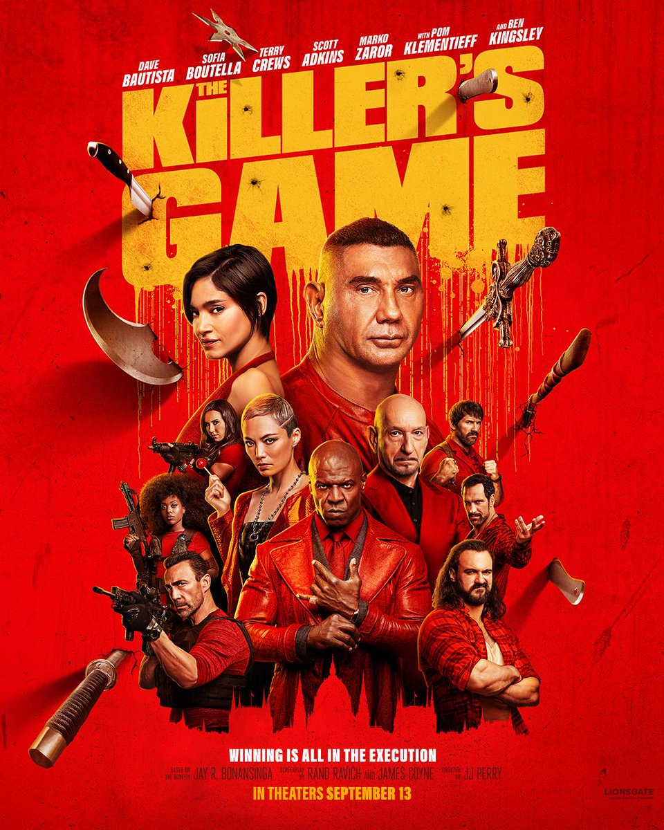 FilmMomatic's tweet photo. #NowWatching THE KILLER'S GAME #JJPerry @DaveBautista @sofisia @PomKlementieff @terrycrews @TheScottAdkins @markozaror #BenKingsley #AlexKingston #DrewGalloway #ShainaWest #LucyCork #DanielBernhardt #LeeHoon #RaffaelloDegruttola https://t.co/UmQNwyePi2
