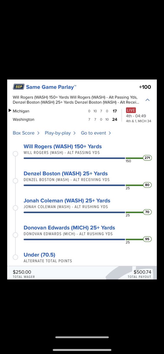 GameChangerGC1's tweet photo. MICHIGAN VS WASHINGTON EQUALS A CASHOUT BABY LETS GO!!!!  💰🔥🏈

Haven’t been on my phone much today cause I’ve been traveling today but just check and we hit again! ✅

Our other play Nate Noel missed by 10 rushing yards and that’s all 🤦🏼‍♂️

#CASHOUT #MICHIGAN #WASHINGTON #Gamblingx #CFB #Collegefootball