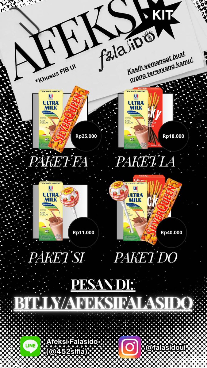 UTS sudah di depan mata~ Yuk, semangatin diri sendiri, sahabat, atau bahkan gebetan 👀 dengan beli Afeksi Kit! 🤩

Sebentar lagi pemesanan akan ditutup, lho!

🗓️ Periode pemesanan : 3-6 Oktober 2024
🔗 bit.ly/AfeksiFalasido
☎️ Narahubung : Line Afeksi Falasido XVIII (452slfia)