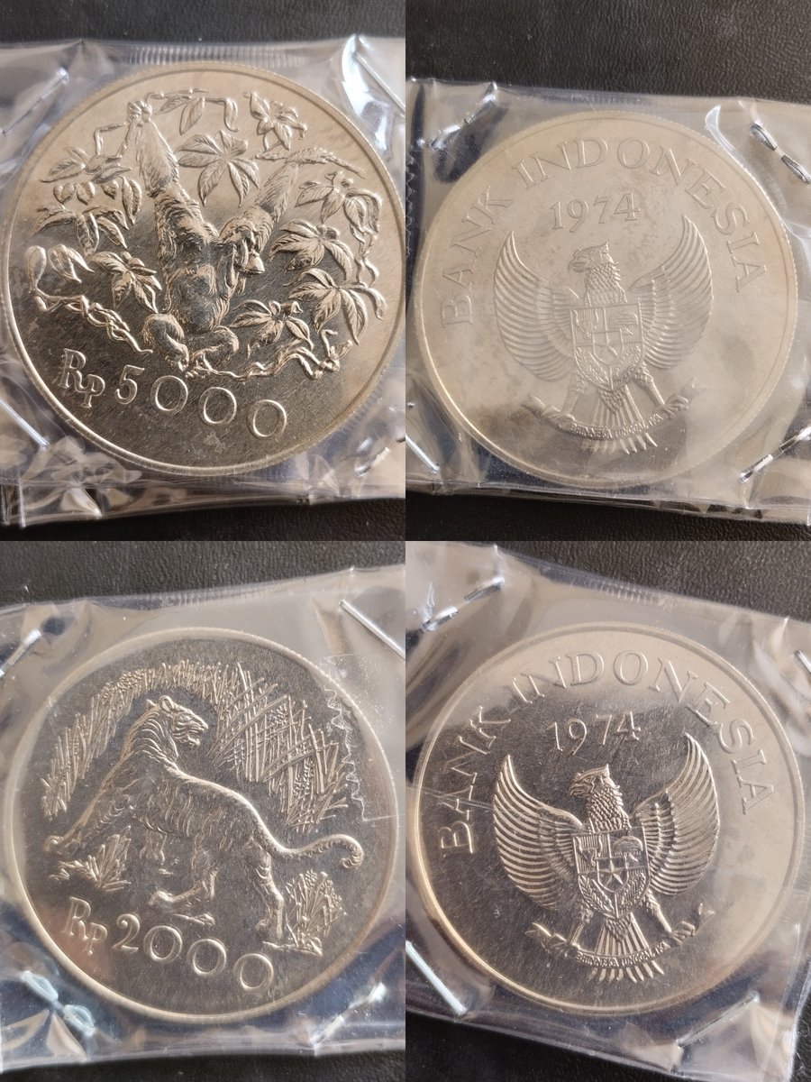 NajFirdaus's tweet photo. Koin perak 5000 rupiah dan 2000 rupiah bergambar orang utan Kalimantan (Pongo pygmaeus) dan harimau Jawa (Panthera tigris sondaica), cetakan tahun 1974 yang diterbitkan secara terbatas oleh Bank Indonesia https://t.co/gSsmQhvb4h