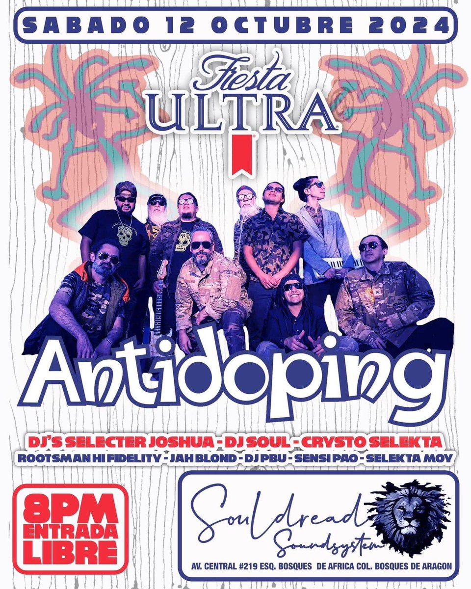 antidopingmx's tweet image. Familia, tenemos una cita este sábado 12 de OCTUBRE en la #FiestaUltra de #SouldreadMexico, Antidoping estará en la casa!!! Te esperamos para mover los pies al ritmo de #reggaemusic y mucho más!! 💚💛❤️🎶✨✌🏼🏁💃🏽 

ENTRADA LIBRE**

#antidopingreggae #roadtoziontour