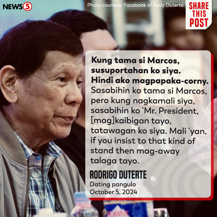 News5PH's tweet photo. Sinabi ni dating pangulong Rodrigo Duterte na susuportahan niya si Pres. #BongbongMarcos kung tama ang mga ginagawa niya sa kaniyang administrasyon. #News5 | via Bryll Montalvo https://t.co/1PSb3k1F17