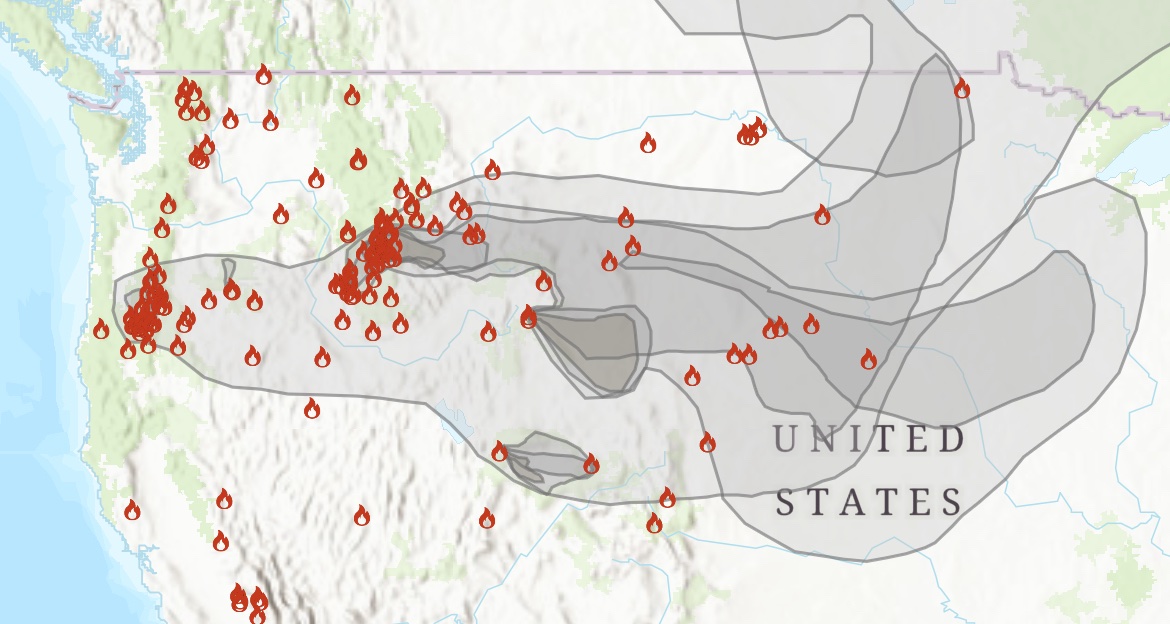 McAnecha's tweet photo. Smoke from #Idaho and #Montana fires impacting Montana and beyond. This is the latest arson season I have seen for the intermountain region.
#climatechanged
#GeoEngineering
#megadrought https://t.co/F2AFonePIx