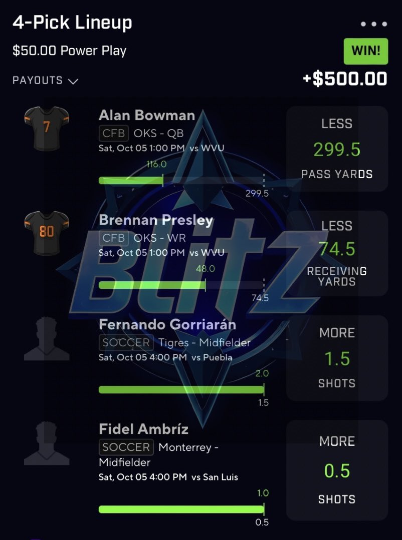 BlitzBetzEV's tweet image. PRIZEPICKS CHEAT CODE UNLOCKED 💎

50 PrizePicks slips sent this week, hitting for 92.5x = 85% ROI! 🤯

Thursday: 10x + 12.5x  ✅
Friday: (3) 10x + 5x  ✅
Saturday: (3) 10x + 5x ✅

First 5 people to DM me the 🏈 emoji get 30% off their first sub! ⬇️

👉whop.com/blitz-betz👈