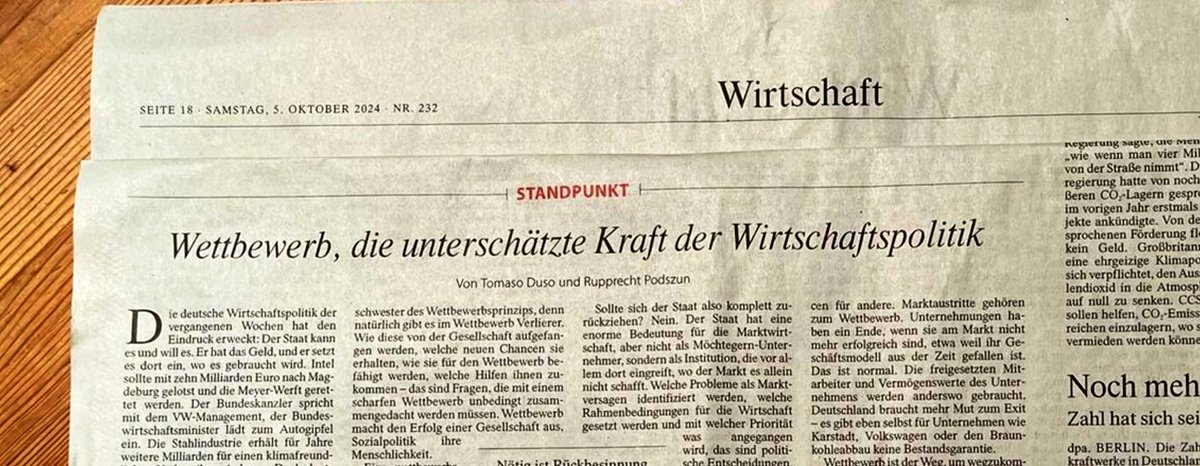 In <a href="/FAZ_Wirtschaft/">FAZ Wirtschaft</a> am Samstag: Tomaso Duso (<a href="/tomaso_duso/">Tomaso Duso</a>) &amp; ich (wir sind beide in der Monopolkommission) plädieren wirtschaftspolitisch für eine Rückbesinnung auf den Wert, der Deutschland und 🇪🇺 stark gemacht hat: #Wettbewerb. Danke an <a href="/HGoebel/">Heike Göbel</a>!
Link: faz.net/aktuell/wirtsc…