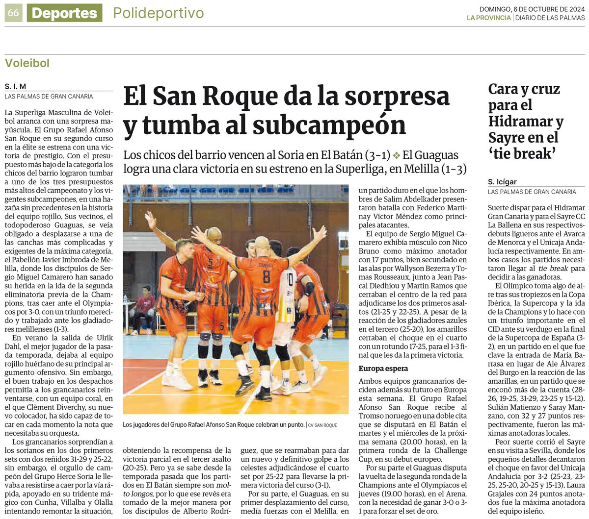 Club Voleibol San Roque - Batán (@voleysanroque) on Twitter photo 🗞 PRENSA | El diario <a href="/laprovincia_es/">La Provincia</a> se hace eco de nuestra victoria en el debut liguero ante Grupo Herce Soria y los primeros tres puntos de la temporada 😁.
#EstoEsSanRoque❤️🖤 🗞 PRENSA | El diario <a href="/laprovincia_es/">La Provincia</a> se hace eco de nuestra victoria en el debut liguero ante Grupo Herce Soria y los primeros tres puntos de la temporada 😁.
#EstoEsSanRoque❤️🖤