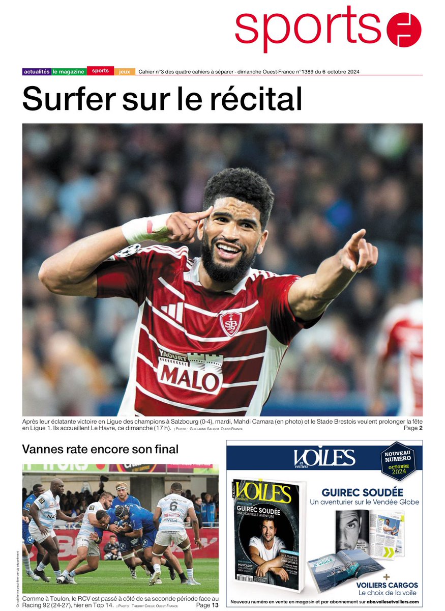 🗞️ Ce matin en Une du cahier sports de <a href="/OuestFrance29/">Ouest-France 29</a> 📸