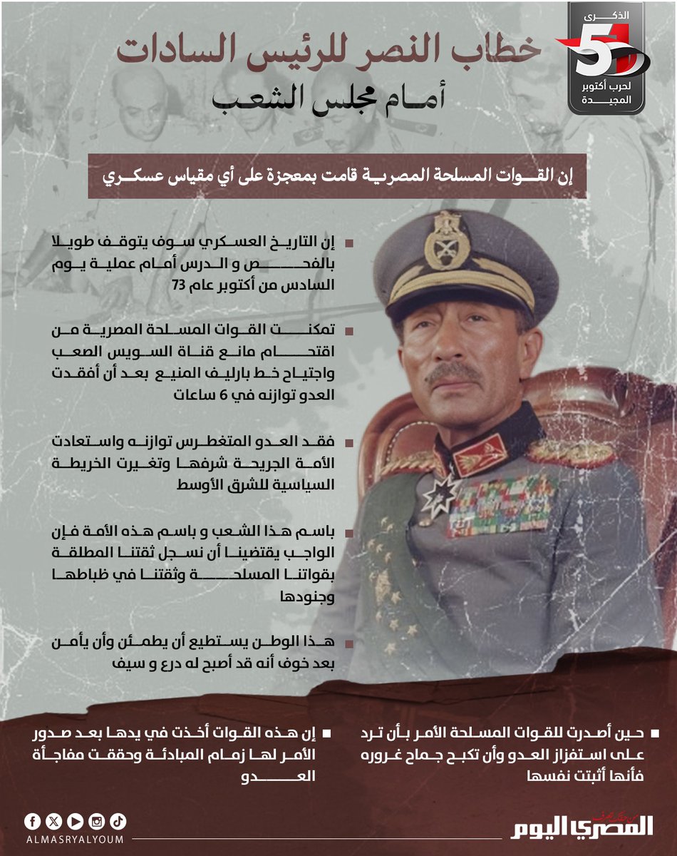 ⭕في ذكرى نصر أكتوبر المجيد.. خطاب النصر للرئيس السادات أمام مجلس الشعب 🇪🇬

📌 إن القوات المسلحة المصرية قامت بمعجزة على أي مقياس عسكري

📌 التاريخ العسكري سوف يتوقف طويلا بالفحص و الدرس أمام عملية يوم السادس من أكتوبر عام 73

📌 تمكنت القوات المسلحة المصرية من اقتحام مانع قناة