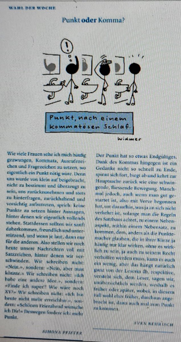 Punkt oder Komma?
Dies fragte das <a href="/tagi_magi/">Das Magazin</a> gestern in seiner wunderbaren Kolumne «Wahl der Woche».
Die Antwort kann zu Ehren des subtilsten und schönsten Satzzeichens einzig lauten: Semikolon!