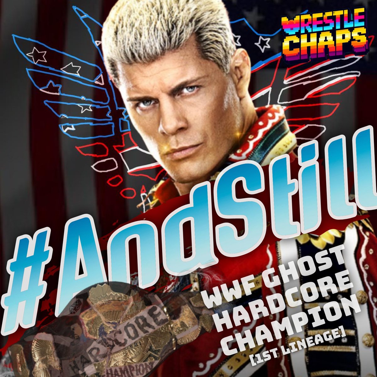 WCGhostHardcore's tweet photo. The Ghost Hardcore Title wasn't on the line last night at #WWEBadBlood because it was a tag match.

Cody keeps it, at least until The Rock finds time between marketing tequila and eating big pancakes to show up and pin him.

#WWE #ANDSTILL https://t.co/sK79yxOwuE